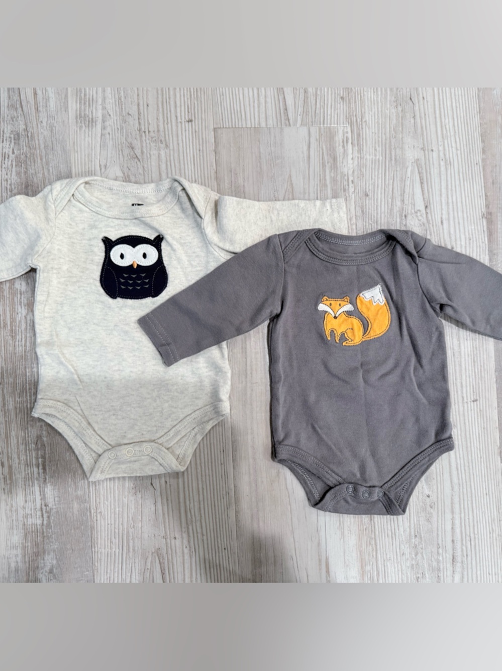 Baby Long-Sleeve Onesies Set with Owl and Fox Appliqué - Gray & Light Gray